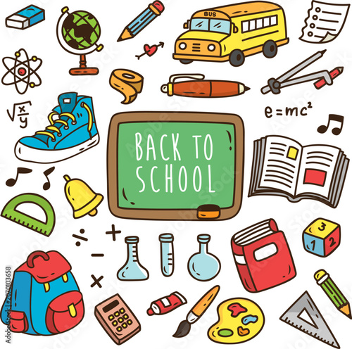 Back to School Vector Cartoon Elements Set. Colorful School Bus, Chalkboard, Backpack, and Stationery Icons. Education Concept Seamless Pattern Illustration.