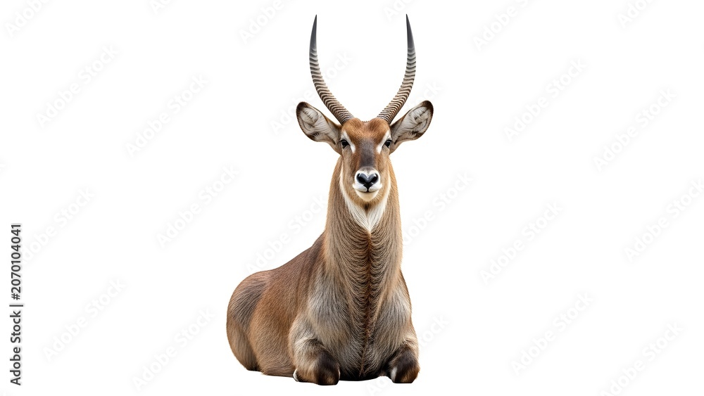 Fototapeta premium A brown waterbuck antelope with long, curved horns resting on a white background in a seated