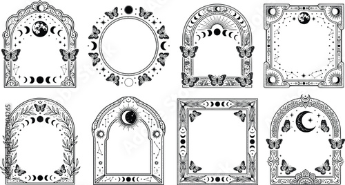 Obraz na płótnie Mystical celestial frames with moon phases and butterflies, 8 black and white oc