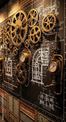 Steampunk Gears and Blueprints Wall Display.