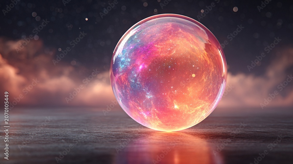 Fototapeta premium Vibrant Iridescent Orb Glowing with Cosmic Nebula Patterns on Textured Surface