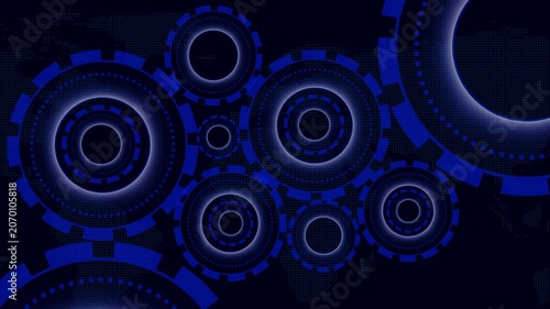Technology futuristic animation clusters blue neon gears. Technical technology futuristic animation shadows dark world maps. Industrial technology futuristic animation tracks machine lines.