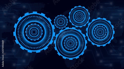 Technology animation interlocks blue neon gears. Modern technology animation frames digital world map backdrops. Industrial technology animation tracks corporate machinery.