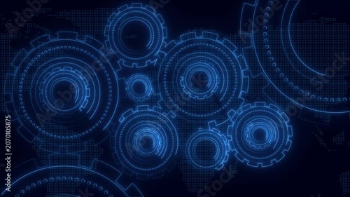 Technology futuristic animation meshes blue machine gear tokens. Connected technology futuristic animation rings world map globes. Industrial technology futuristic animation scales paths.