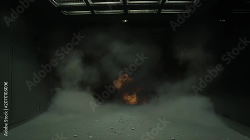 Powerful explosion creating a burst of fire and billowing smoke amidst falling water droplets, suggesting a controlled experiment or simulated hazard in an industrial setting