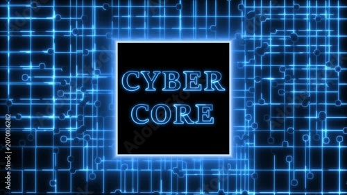 Cyber core animation screens glowing blue corporate texts. Tech cyber core animation wires digital circuit board layouts. Cyber cyber core animation loops mainframe files.