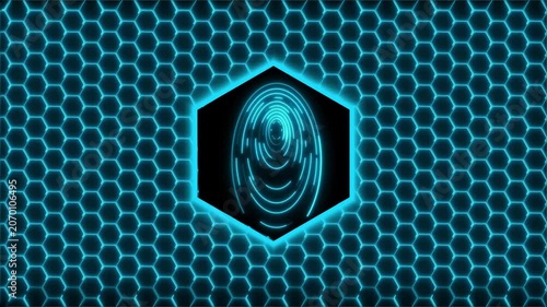 Biometric security animation scans cyan fingerprint marks. Technical biometric security animation maps honeycomb lattices. Safe biometric security animation protects server yards.