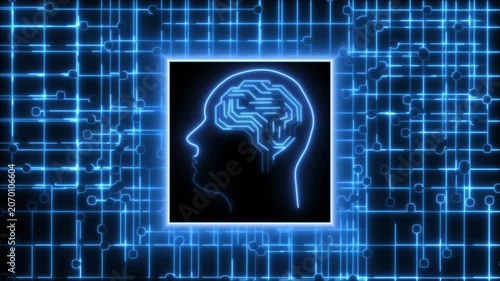 Profile artificial animation silhouettes human head outlines. Modern profile artificial animation grids brain circuits. Tech profile artificial animation loops network paths.