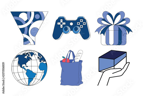 Set of modern flat minimalist line style icons featuring various commercial business and lifestyle elements in blue gradient tones.