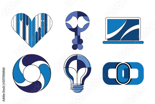 Abstract icons collection featuring heart shape key laptop wheel lightbulb and link in trendy blue gradient line art design style.