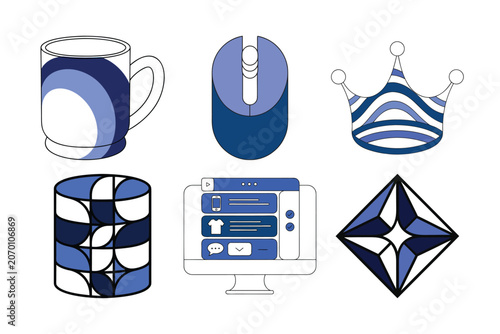 Collection of blue themed decorative icons featuring coffee mug computer mouse party crown cylindrical pattern web dashboard star shape.