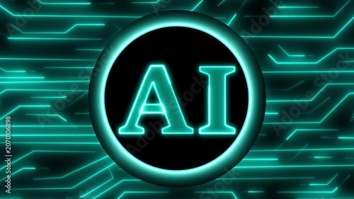 Artificial intelligence animation lights glowing corporate AI logs. Connected artificial intelligence animation loops circuit board lines. High tech artificial intelligence animation logs files.