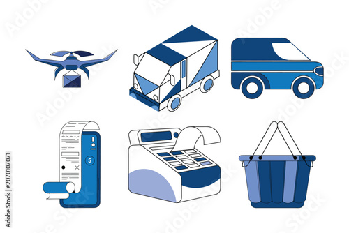 Modern delivery and checkout icons featuring delivery drone truck van mobile receipt cash register and plastic shopping basket art.
