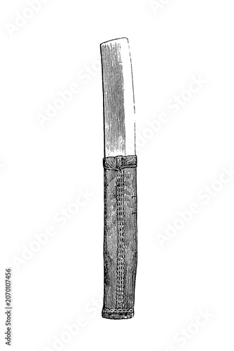 Foto Sharp skin blade with leather sheath, vintage straight razor with textured handle and open blade, old vintage illustration, 1889