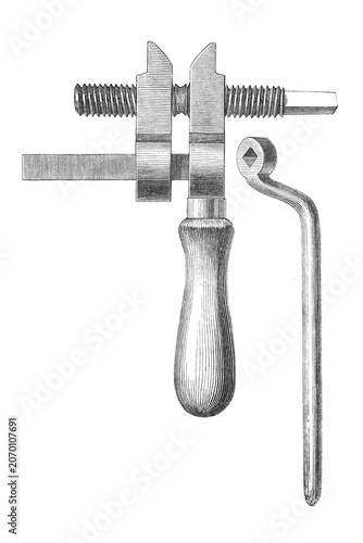 Photos Expansion screw for horseshoes, with wooden handle and adjacent crank, old vintage illustration, 1889