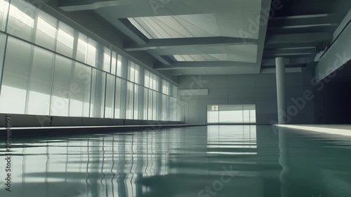 Indoor swimming pool with modern minimalist architecture, featuring large windows allowing natural light to enter, creating a peaceful and calm atmosphere with tranquil water reflections