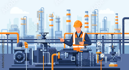Industrial worker in orange uniform.