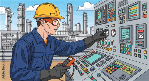 Industrial worker in hard hat operating.