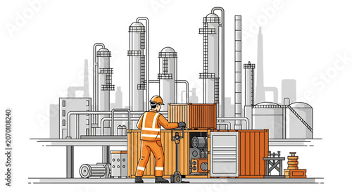 Industrial worker in orange uniform.