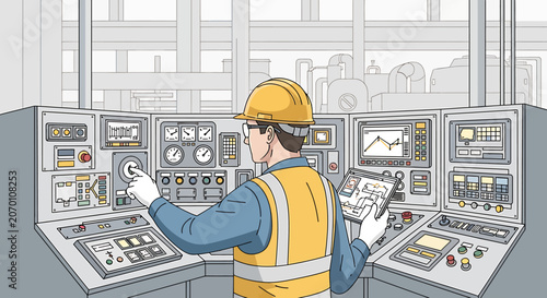 Industrial worker operating control panel.
