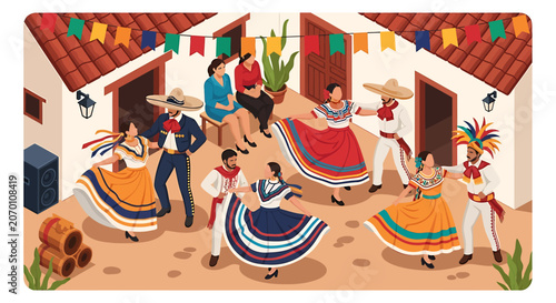 Traditional Mexican dancers in colorful costumes.