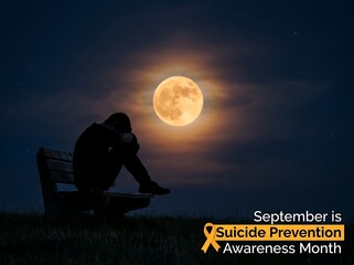 Silhouette of a person sitting alone under a full moon in deep contemplation at night