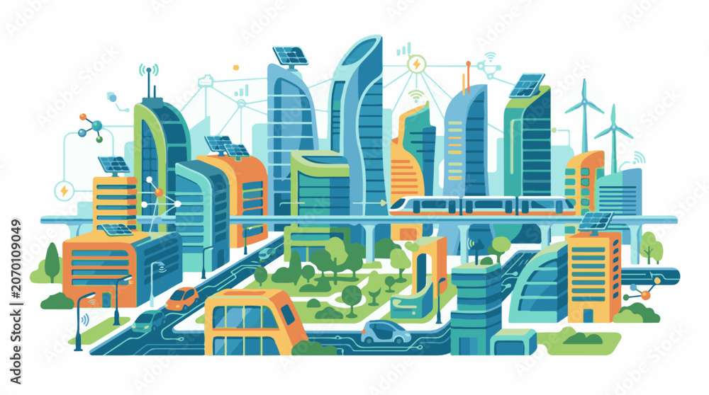 Fototapeta premium A futuristic cityscape with sleek skyscrapers sustainable energy sources and advanced transportation systems
