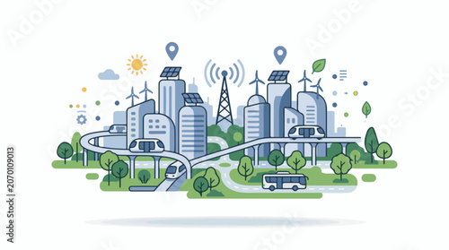 A futuristic cityscape with sleek skyscrapers solar panels and wind turbines