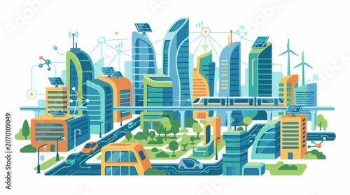 A futuristic cityscape with sleek skyscrapers sustainable energy sources and advanced transportation systems