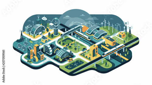 A futuristic cityscape with sleek skyscrapers trains and green spaces