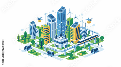 A futuristic cityscape with sleek skyscrapers wind turbines and self-driving cars