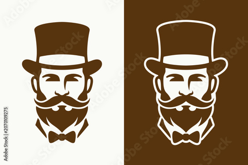 Vintage Gentleman Logo Vector Design - Sophisticated Bearded Man with Top Hat and Bow Tie Mascot Icon for Barbershop, Retro Boutique Branding, and Elegant Styling Corporate Identity