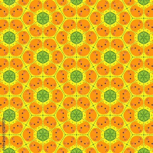 Cute cat and lime seamless pattern background, funny orange kitten fruit fabric texture vector