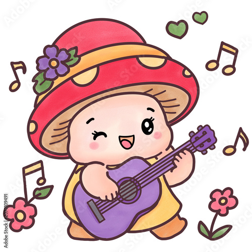 Adorable fairy tale mushroom playing ukulele illustration, isolated cottagecore sticker design