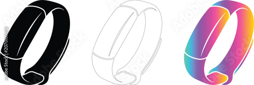 Set of touch watch fitness band icons in solid, outline, and colorful design styles.