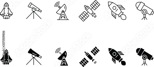 Space exploration and surveillance icon set line and solid fill variations