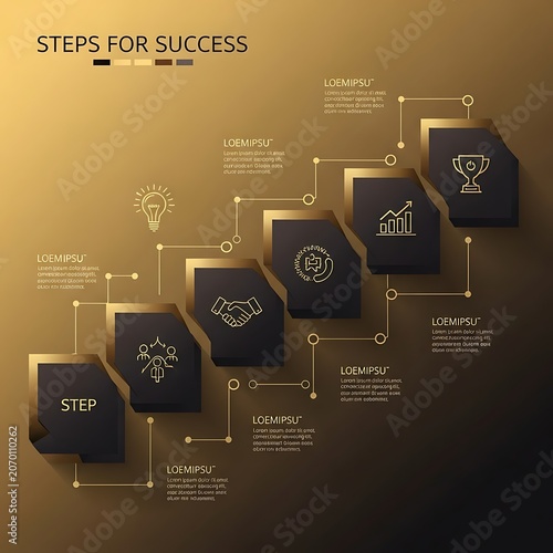Steps for Success Infographic with Business Icons and Golden Background.