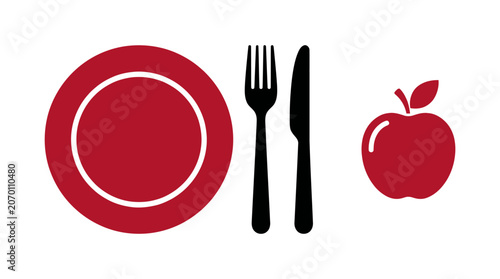 Canvastavla Red Plate Fork Knife and Apple Flat Design Vector