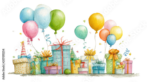watercolor birthday celebration with colorful balloons and wrapped gifts festive party illustration 