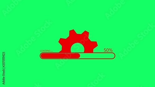 Red loading progress bar with a gear on a green screen background showing twenty one percent completion for software installation process