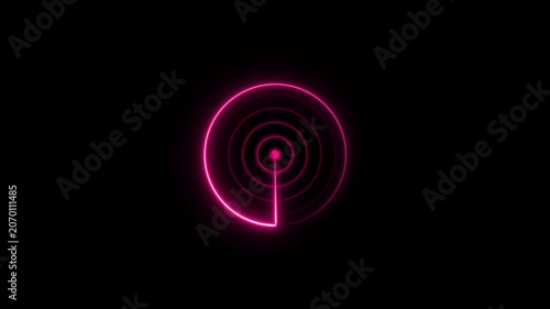 Glowing pink neon radar screen with circular scanning lines on a deep black background for technology and navigation concepts
