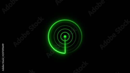 Vibrant green neon radar screen with circular scanning lines on a black background for digital monitoring and detection concepts