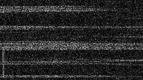 Analog television static noise with horizontal scan lines and grainy white texture on a black background representing a corrupted signal feed