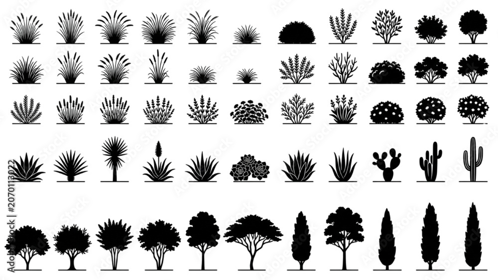 Fototapeta premium Hand Drawn Landscape Planting Elevation Symbols with Trees Shrubs and Succulents