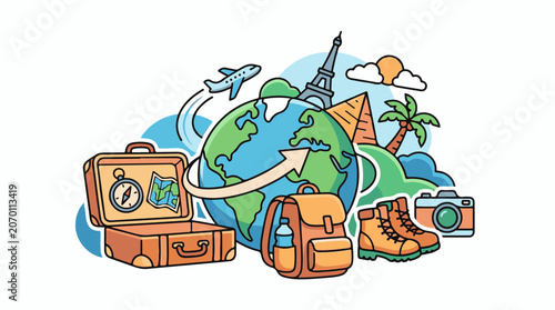 A colorful illustration of travel-related items and landmarks