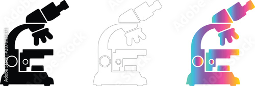 Minimalist laboratory microscope logo icon set in black outline and gradient