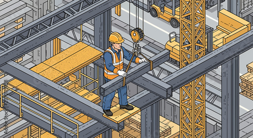 Two construction workers on scaffolding.