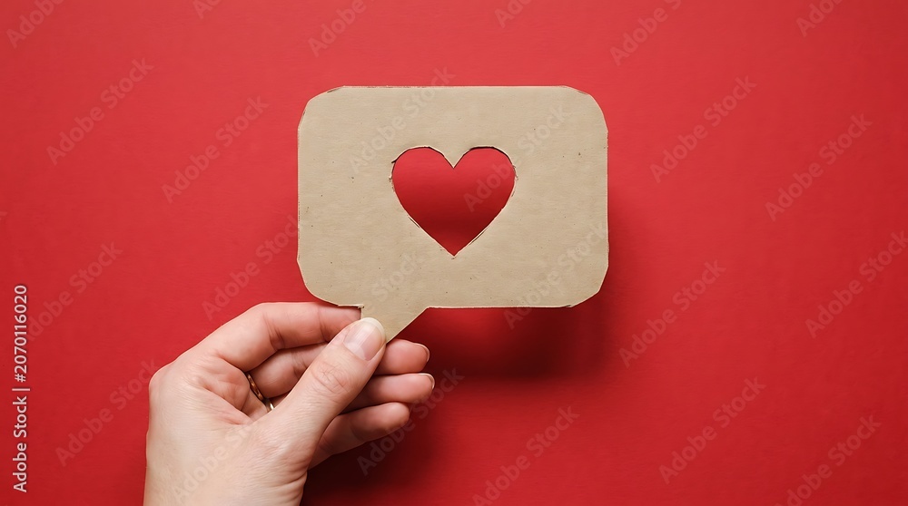 Fototapeta premium Friendship day concept hand holding cardboard speech bubble with heart cutout on red background