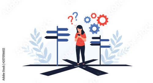 Obraz na płótnie Young woman stands at a complex crossroads with multiple signposts and rotating gears while looking confused at her smartphone.
