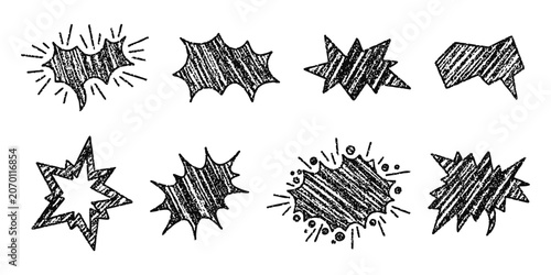 Hand-drawn crayon starburst doodles with rough scribble texture.